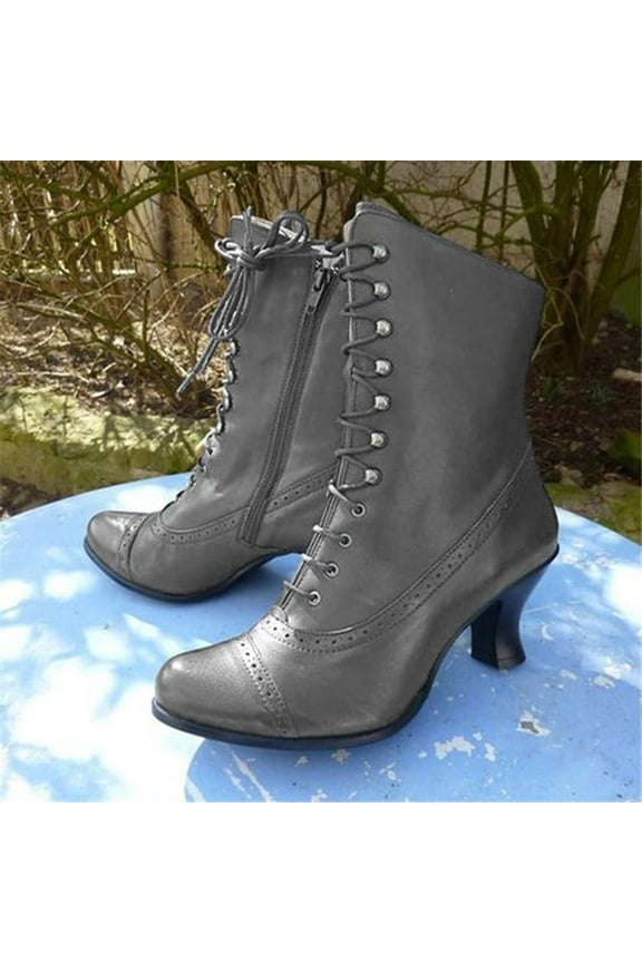 Victorian Boots for Women 70s Vintage Renaissance Booties Lace up Ankle Low Heel Pointed Toe Goth Boot Mid Calf Boots Witch Costume Shoes Gray Women Sandal