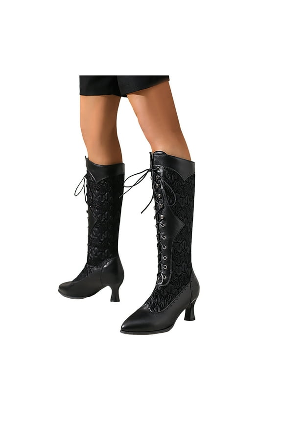 Victorian Boots Women Lace up Combat Riding Booties Wide Calf Winter Boot Renaissance Granny Witch Shoes