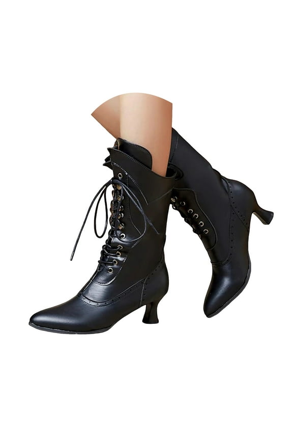 Vintage Victorian Boots for Women Block Kitten Heel Lace up Mid Calf Combat Booties Wingtip Witch Oxford Riding Military Winter Shoes