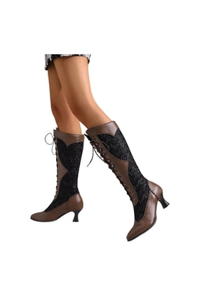 Victorian Boots Women Lace up Combat Riding Booties Wide Calf Winter Boot Renaissance Granny Witch Shoes
