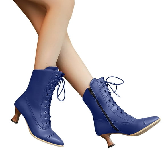 Victorian Boots for Women Lace up Elegant 70s Dressy Booties Low Heel Pointed Toe Mid Calf Boots