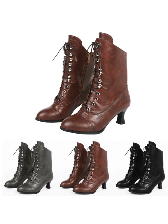 Victorian Boots for Women Vintage Mid Calf Comfortable Lace Up Kitten Heel Almond Toe Casual Walking Fall Winter Witch Boots 39