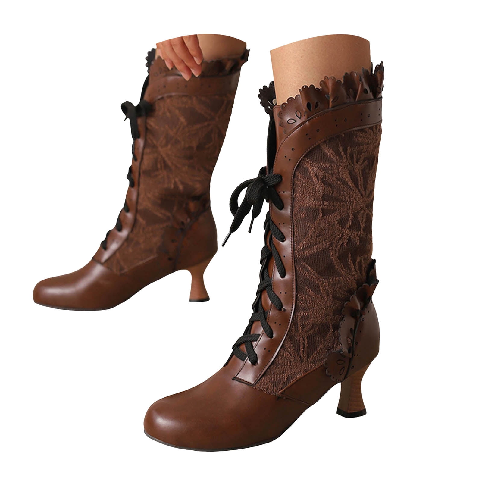 Victorian Boots for Women Vintage Ruffles Goth Mid Calf Booties Mid ...