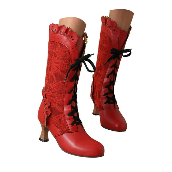 Victorian Boots for Women Vintage Ruffles Goth Mid Calf Booties Mid Heels Lace up Halloween Witch Dance Shoes