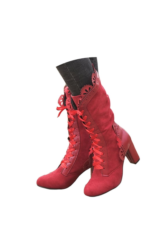 Victorian Boots for Women Vintage Ruffles Goth Mid Calf Booties Mid Heels Lace up Halloween Witch Dance Shoes
