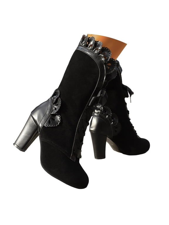 Victorian Boots for Women Vintage Ruffles Goth Mid Calf Booties Mid Heels Lace up Halloween Witch Dance Shoes