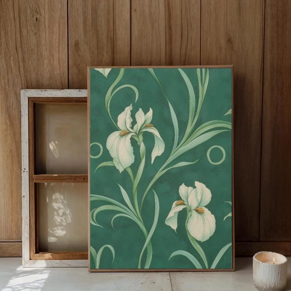 Victorian Botanical Iris Art Nouveau Dark Green Floral Elegant, Unframed Canvas 16x20in
