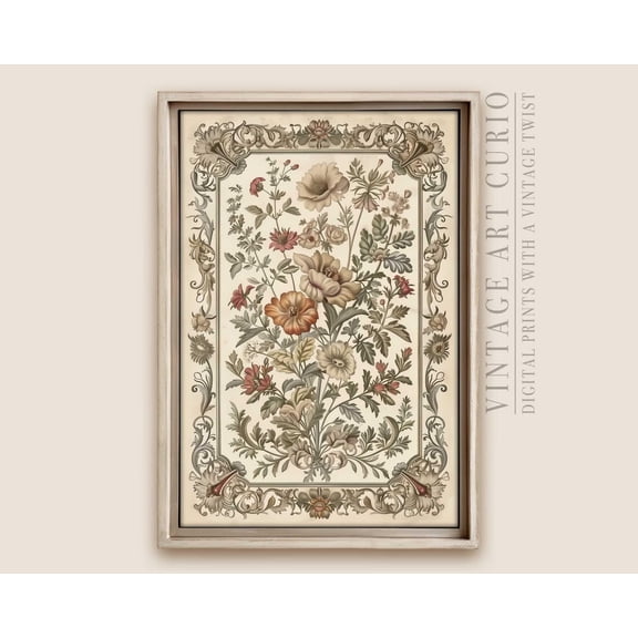 Victorian Botanical Wall Art Print, Elegant Beige & Green Floral De With Decorative Frame, Vintage,Inspired Nature Decor, Tapa153 Home Decor #2968, 8x12 UNFRAMED