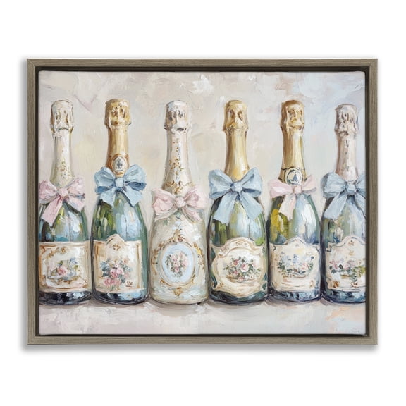 Stupell Industries Victorian Bow Champagne Bottles Brown Framed Floater Canvas Wall Art, design by Petal Prints Design