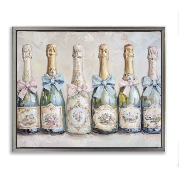 Stupell Industries Victorian Bow Champagne Bottles Gray Framed Floater Canvas Wall Art, design by Petal Prints Design