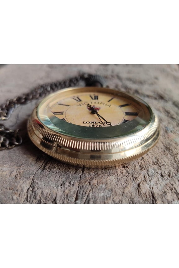 Victorian Brass Pocket Watch with Chain  Antique Style Compass Design | London 1875 Dial | Vintage Gifting Item