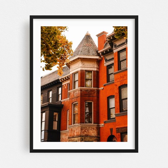 Victorian Brick Turret - Washington District of Columbia Photography Architecture Victorian Autumn Cityscape Gothic Vintage Black Framed Wall Art Print 11 x 14 inches