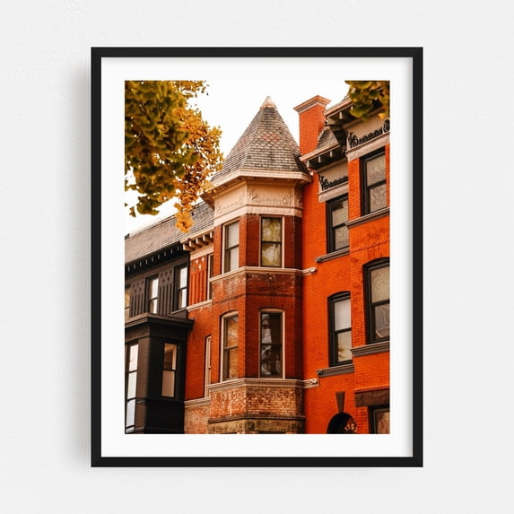 Victorian Brick Turret - Washington District of Columbia Photography Architecture Victorian Autumn Cityscape Gothic Vintage Black Framed Wall Art Print 5 x 7 inches