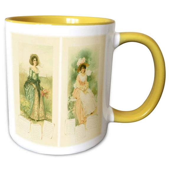 3drose, Victorian Calendar Ladies, 11oz Two-tone Yellow Mug