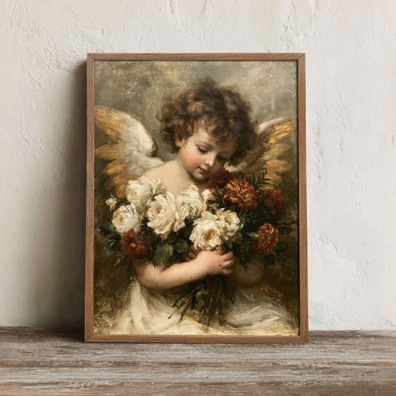 Victorian Cherub Wall Art Print, Angel With Roses Portrait Decor
