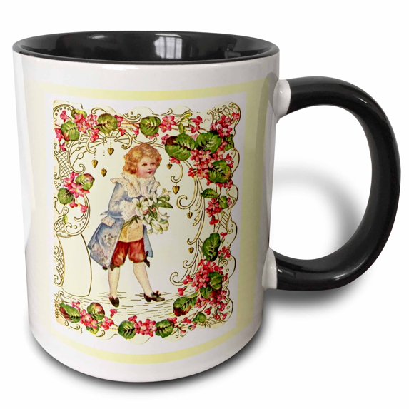 3drose, Victorian Child with Pink N Green Flowers, 15oz Two-tone Black Mug