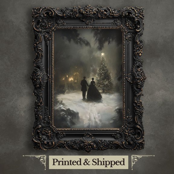 Victorian Christmas Tree Print Romantic Winter Couple, Cottagecore Decor Poster, Poster Only
