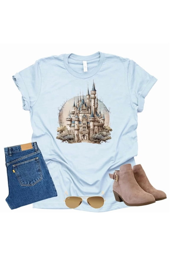 Victorian Cinderella Shirt, Magic Kingdom Castle Shirt Graphic Design Tee Tops Short Sleeve (Light Blue-Large)