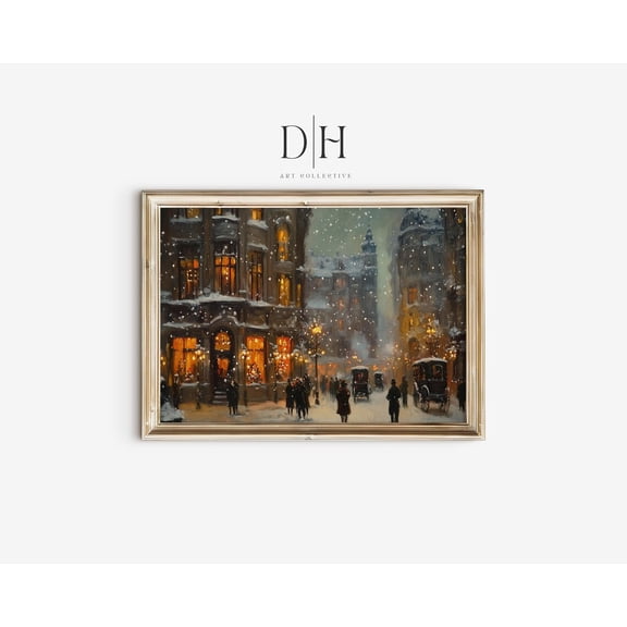 Victorian Cityscape Poster Antique Snowy Scene, Unframed Canvas Size 24x36