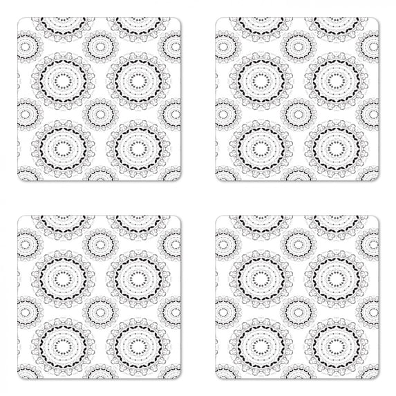 Victorian Coaster Set of 4, Vintage Design Pattern of Asian Universe Symbol Meditation Circle Art, Square Hardboard Gloss Coasters, Standard Size, Charcoal Grey White, by Ambesonne