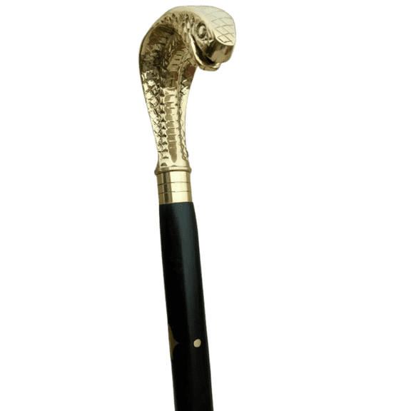 Victorian Cobra Brass Handle Walking Stick Vintage Black Wooden Shaft Cane
