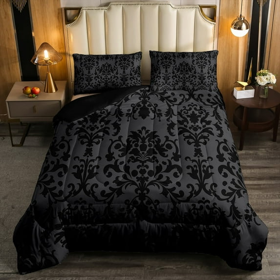 Victorian Comforter Set Gothic Queen Bedding Sets,Black Damask Quilt ...