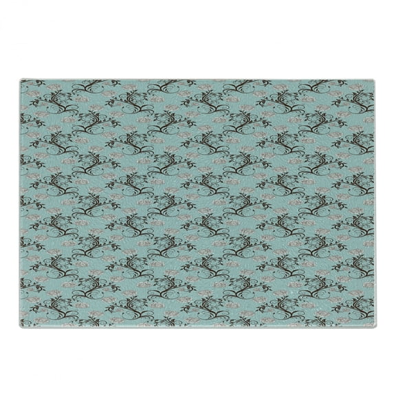 Victorian Cutting Board, Floral Composition with Vintage Inspirations Abstract Swirled Stalks, Decorative Tempered Glass Cutting and Serving Board, Small Size, Seafoam Brown White, by Ambesonne