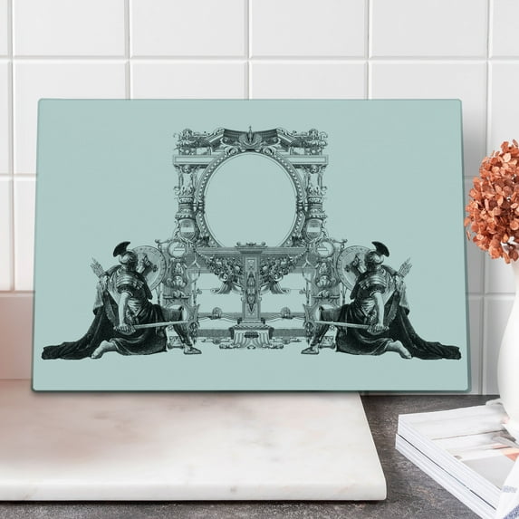Victorian Cutting Board, Victorian Frame with a Gladiator Warrior Roman Headpiece Design, Decorative Tempered Glass Cutting and Serving Board, Large Size, Black and White, by Ambesonne