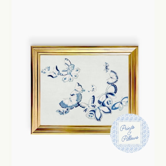 Victorian Dancing Couple Wall Art Vintage Romance Home Decor Blue Butterfly Art Print Japanese Nature Print Aesthetic