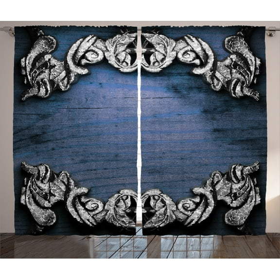 Ambesonne Victorian Curtains 2 Panel Set, Gothic Iron Ornament, 108" x 84", Dark Blue Grey