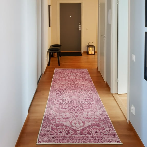 Victorian Decorative Rug, Floral Swirls Weathered Look Blooming Vintage Style Leaves Illustration, Quality Carpet for Bedroom Dorm and Living Room, 6 Sizes, Dark Magenta Pink, by Ambesonne