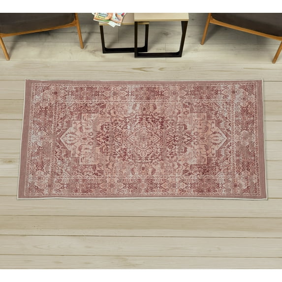 Victorian Decorative Rug, Floral Swirls Weathered Look Old Blooming Vintage Style Leaves Illustration, Quality Carpet for Bedroom Dorm and Living Room, 6 Sizes, Maroon and Rose, by Ambesonne