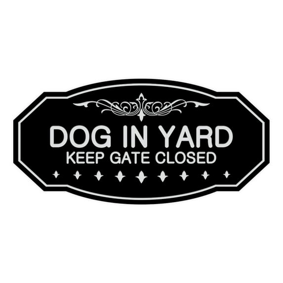 Victorian Dog In Yard Keep Gate Closed Sign (Black / Silver) - Small 3" X 6"