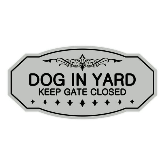 Victorian Dog In Yard Keep Gate Closed Sign (Lt Gray) - Small 3" X 6"