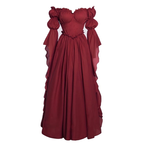 Victorian Dress Renaissance Costume, Vintage Off Shoulder Flared Sleeve Irregular Hem Long Dress, Women Gothic Witch Dress for Halloween Costumes, 02# Red M
