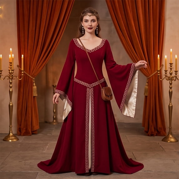Victorian Dress, Renaissance Dress Women, Womens Renaissance Costume, Medieval Dress for Women Steampunk Witch Dress Cosplay Halloween Princess Costume Gothic Retro Flare Sleeve Ball Gown, Red XXL