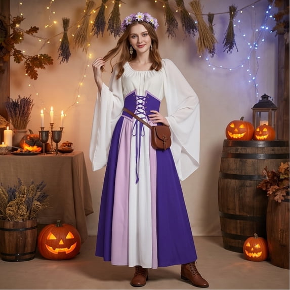 Victorian Dress, Renaissance Dress Women, Womens Renaissance Costume, Renaissance Costume, Women's Renaissance Medieval Costumes Dress Trumpet Sleeves Gothic Retro Gown, Purple XXL