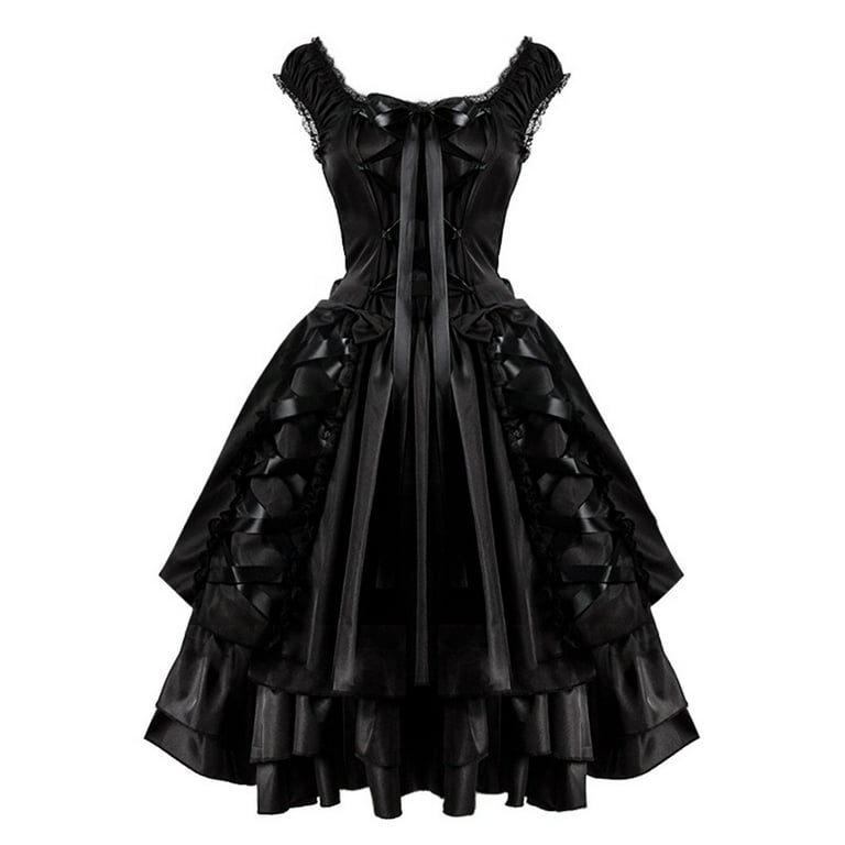 layered in lace swing dress Victorian Women Gothic Ruffle Sleeveless Vintage Maxi Gown Lace-up Corset Party Outfit (L, Black) bridemaid dress