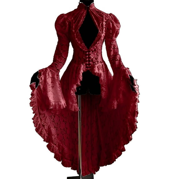 Victorian Dress for Women Lace Patchwork High Neck Bell Sleeves Bodycon See Through Swallowtail Party Occasions Plus Size Elaborate Attire Red Cloak