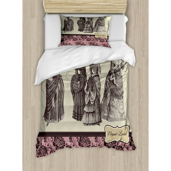 Victorian Duvet Cover Set, Ladies Clothes Fashion History Dress Handbag Feather Gloves Floral Design Print, Decorative 2 Piece Bedding Set with 1 Pillow Shams, Twin Size, Grey Rose, by Ambesonne