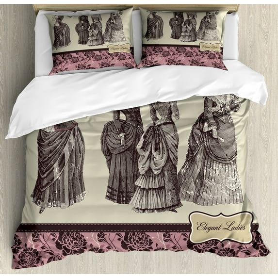 Victorian Duvet Cover Set, Ladies Clothes Fashion History Dress Handbag Feather Gloves Floral Design Print, Decorative 3 Piece Bedding Set with 2 Pillow Shams, Calking Size, Grey Rose, by Ambesonne