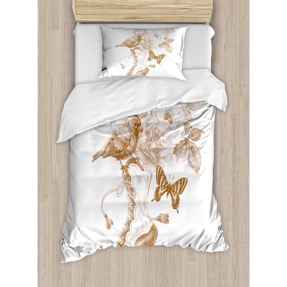 Victorian Duvet Cover Set, Nostalgic Boots Roses Butterfly and Bird British Trend Upper Shoe Art, Decorative 2 Piece Bedding Set with 1 Pillow Shams, Twin Size, Brown White, by Ambesonne