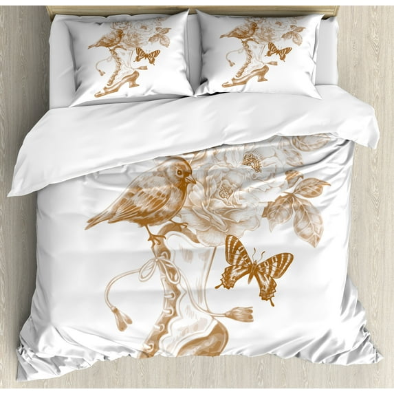 Victorian Duvet Cover Set, Nostalgic Boots Roses Butterfly and Bird British Trend Upper Shoe Art, Decorative 3 Piece Bedding Set with 2 Pillow Shams, Queen Size, Brown White, by Ambesonne