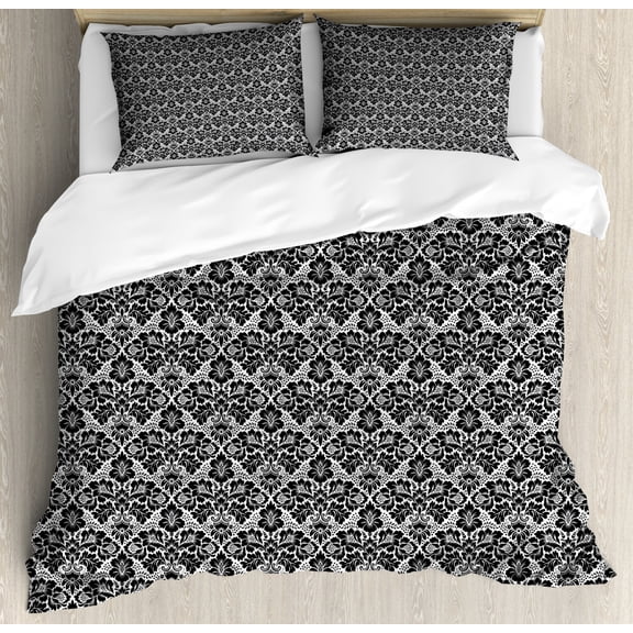 Victorian Duvet Cover Set Queen Size, Antique Ancient Design with Botanic Plant Details Swirls and Flowers Print, Decorative 3 Piece Bedding Set with 2 Pillow Shams, Black and White, by Ambesonne