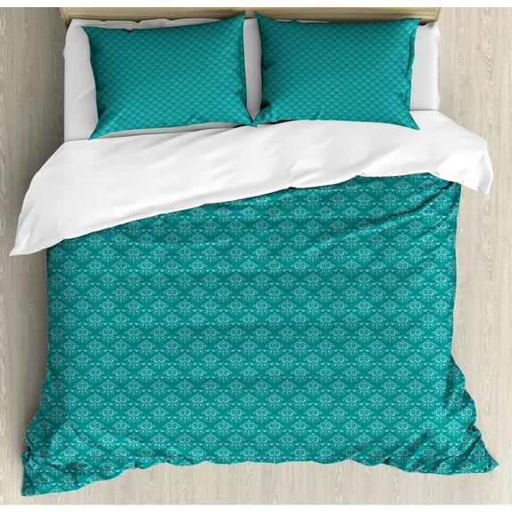 Ambesonne Victorian Duvet Cover Set, Curvy Floral Motifs Art, Calking, Teal and Pale Blue