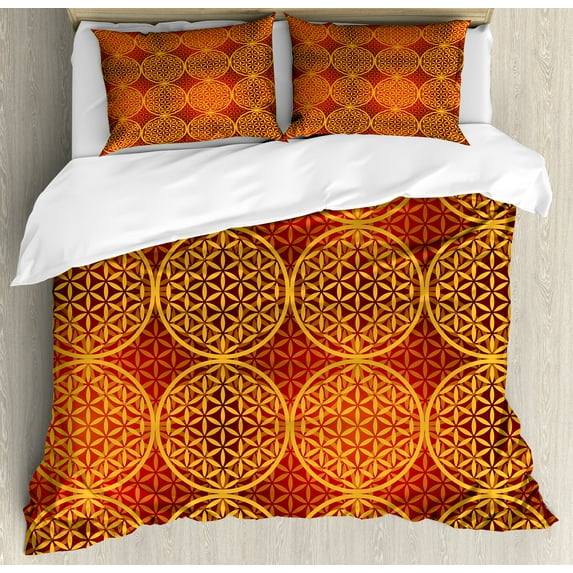 Victorian Duvet Cover Set, Vintage Style Flower with Medieval Tones Rococo Baroque Esoteric Motif, Decorative 3 Piece Bedding Set with 2 Pillow Shams, Queen Size, Mustard Orange, by Ambesonne