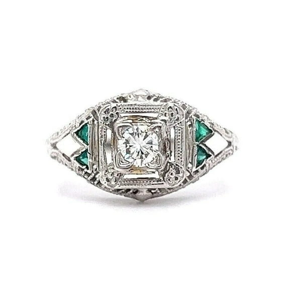 Victorian Edwardian Solitaire Diamond Engagement Ring, Antique Openwork Filigree Ring, Milgrain Ring, Floral Cluster Engraved Shank Ring, 1.6 Ct Simulated Diamond, 14K White Gold Plated