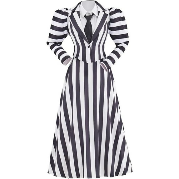 Victorian Edwardian Stripe Dress Womens Black White Beetle Dress Gothic Vintage Striped Jacket Dress Set
