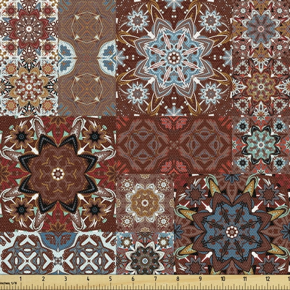 Ambesonne Brown Fabric by the Yard Upholstery, Victorian Mandala, 2 Yards, Multicolor