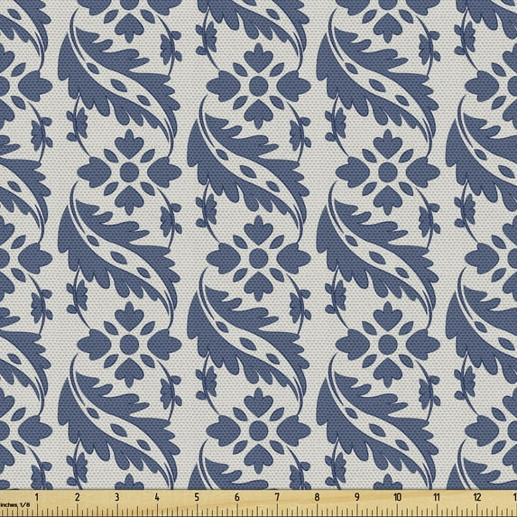 Ambesonne Victorian Fabric by the Yard Upholstery, Antique Motifs Leaves, 10 Yards, Dust and Night Blue